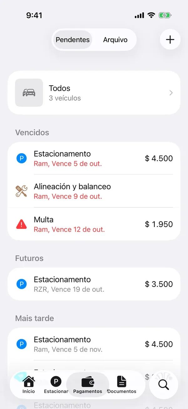 A aba Pagamentos com os pendentes de todos os veículos