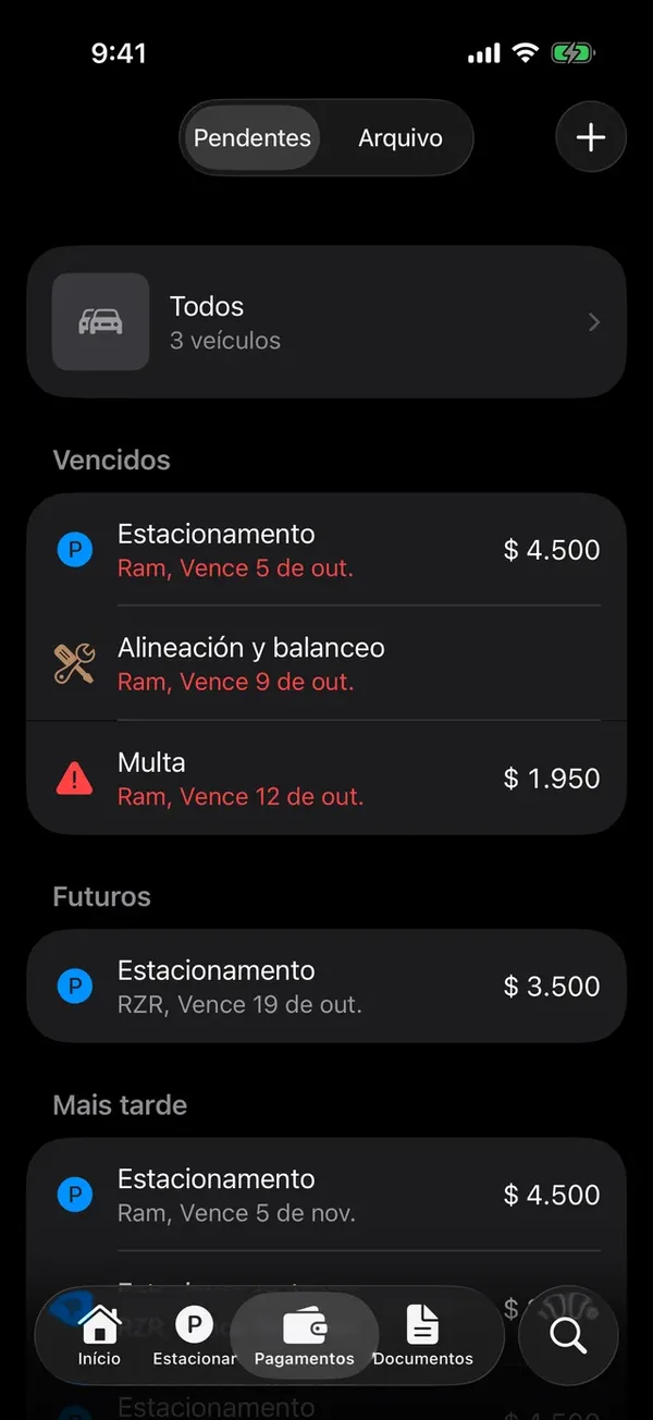 A aba Pagamentos com os pendentes de todos os veículos