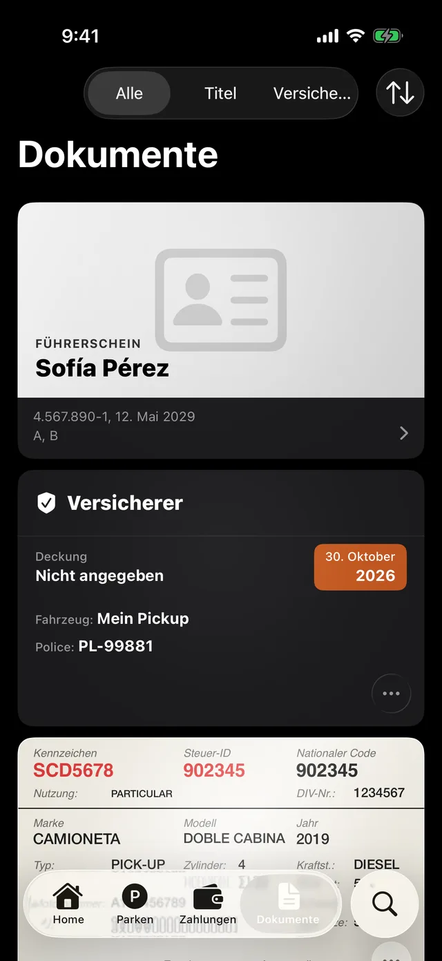 Die Dokumente eines Fahrzeugs in GarageApp