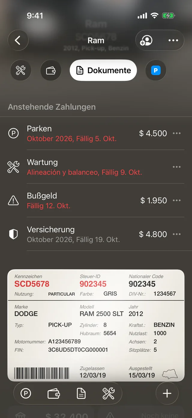 Der Fahrzeugschein auf der Fahrzeugseite