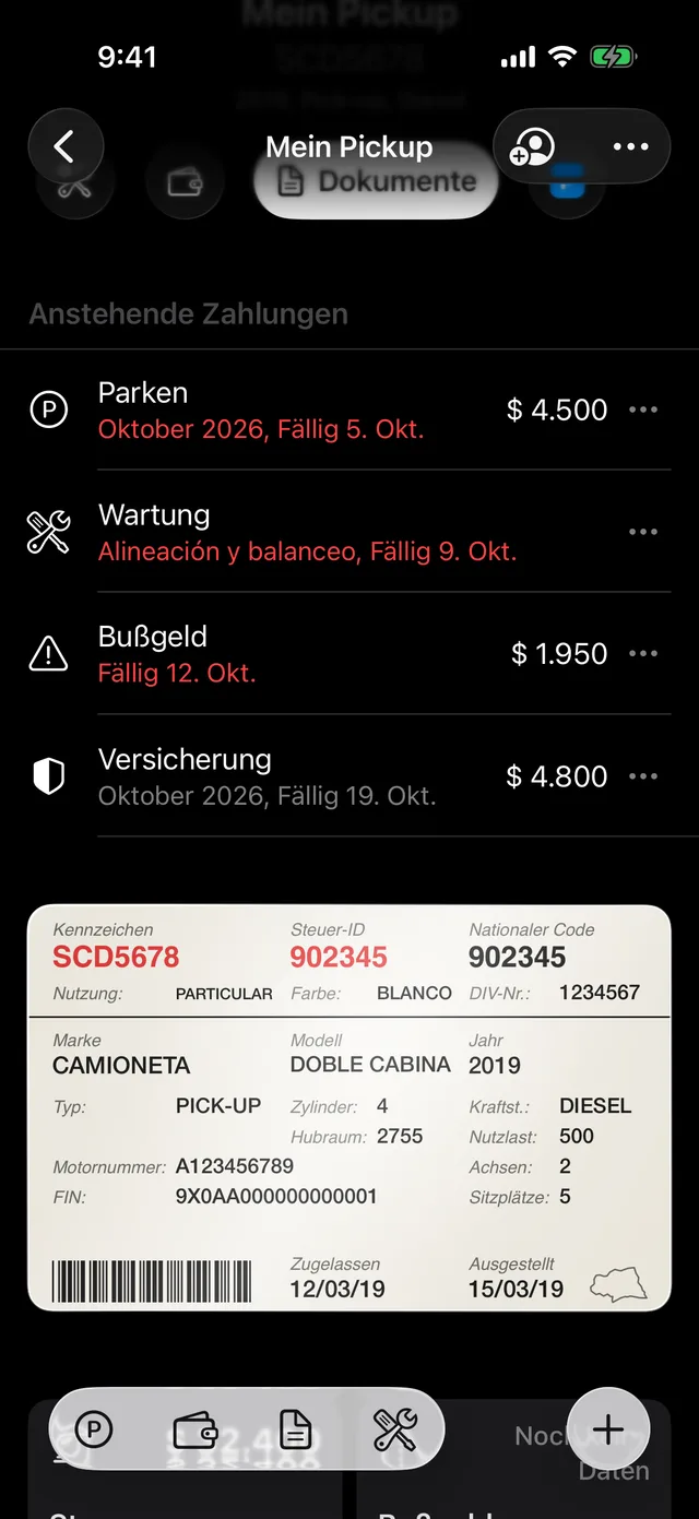 Die Dokumente eines Fahrzeugs in GarageApp