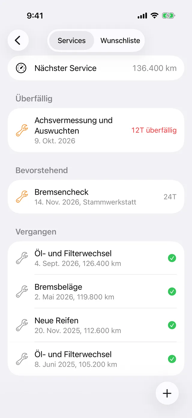 Die Wartungen eines Fahrzeugs, mit der nächsten nach Kilometerstand
