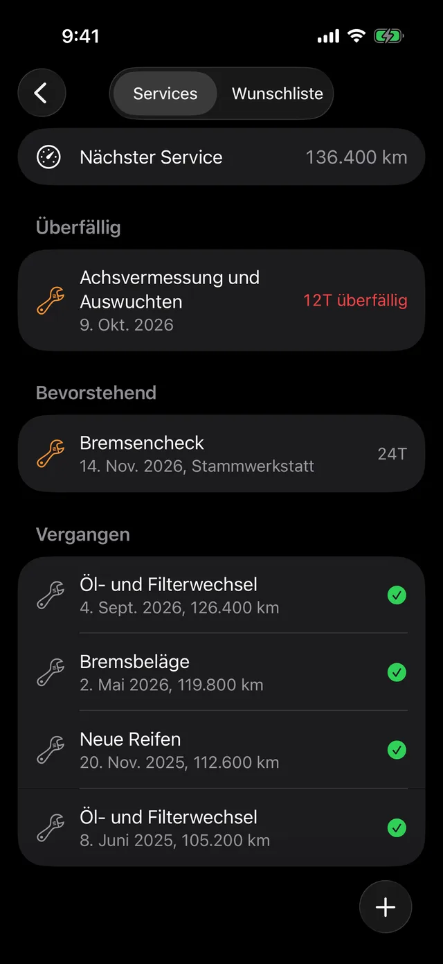 Die Wartungen eines Fahrzeugs, mit der nächsten nach Kilometerstand