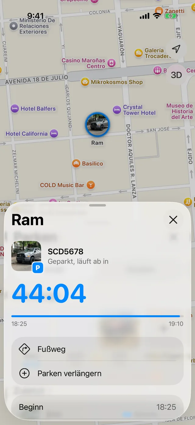 Die Parkkarte mit den Fahrzeugen