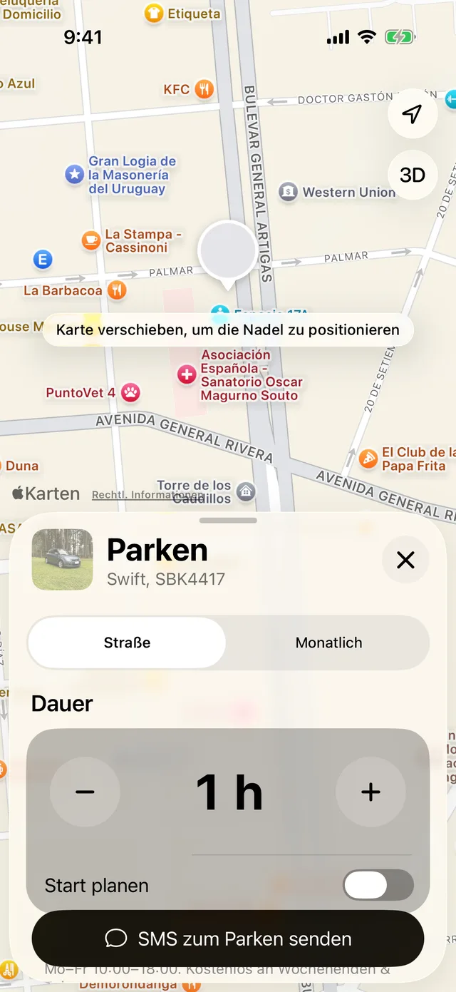 Das Formular zum Parken mit der Dauer und Startzeit planen