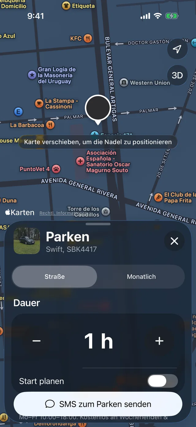 Das Formular zum Parken mit der Dauer und Startzeit planen