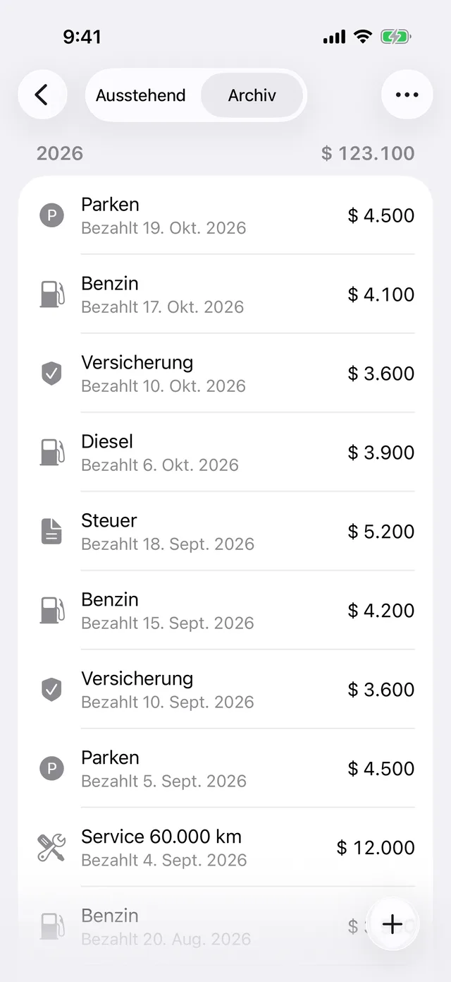 Das Zahlungsarchiv eines Fahrzeugs, nach Jahr