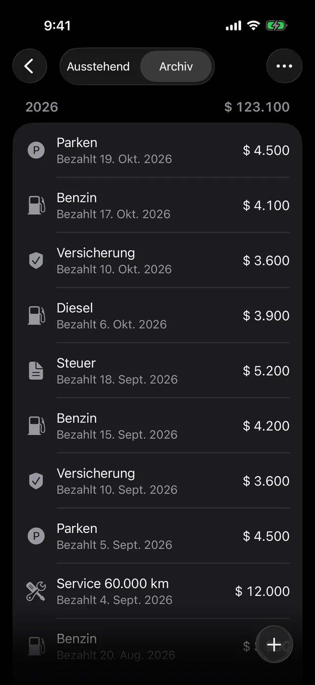 Das Zahlungsarchiv eines Fahrzeugs, nach Jahr