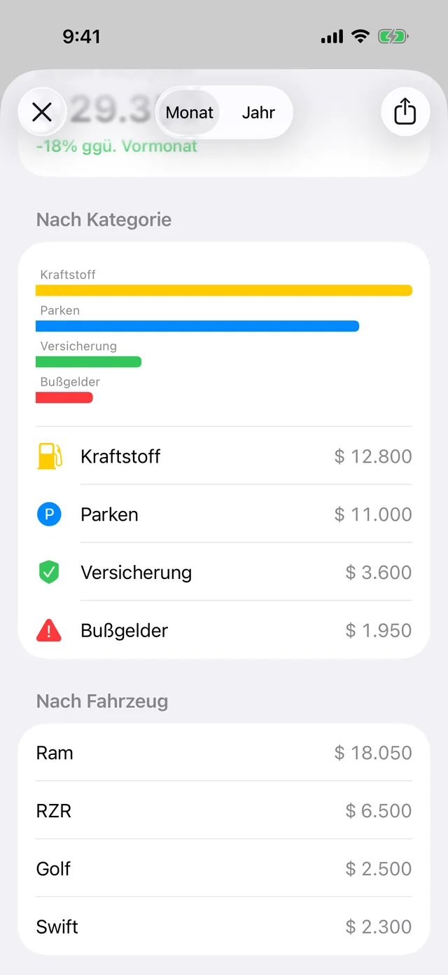 Die Ausgaben des Monats nach Kategorie und Fahrzeug
