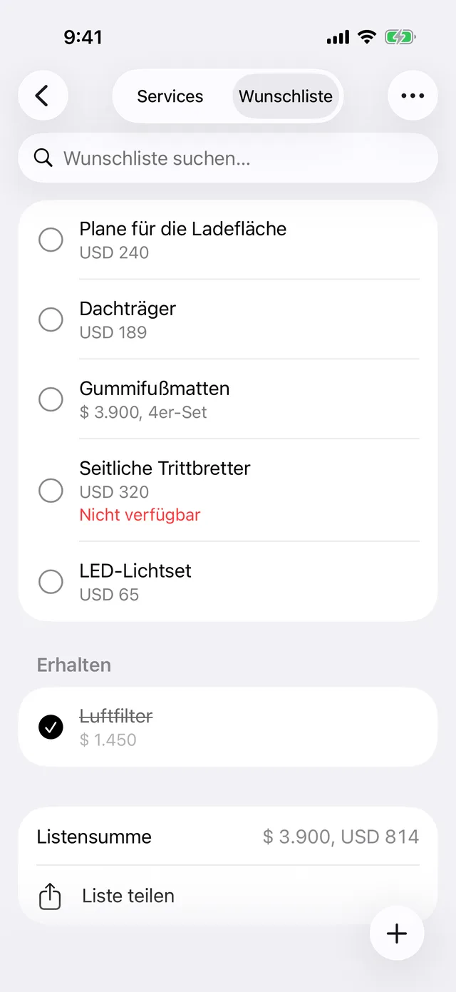 Die Wunschliste eines Fahrzeugs mit ihrer Summe