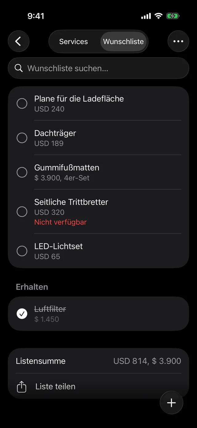 Die Wunschliste eines Fahrzeugs mit ihrer Summe