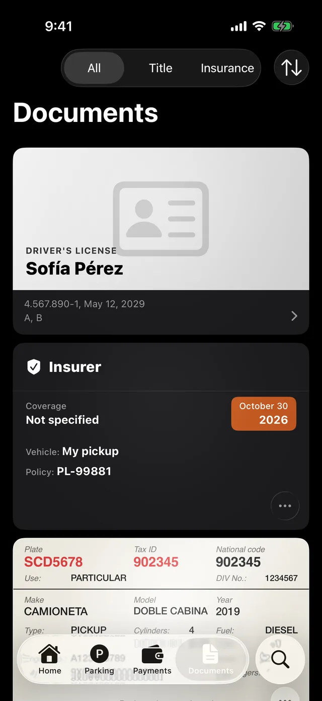 A vehicle's documents in GarageApp