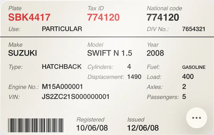A vehicle registration card