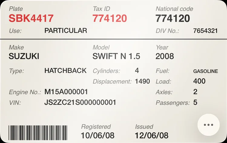 A vehicle registration card
