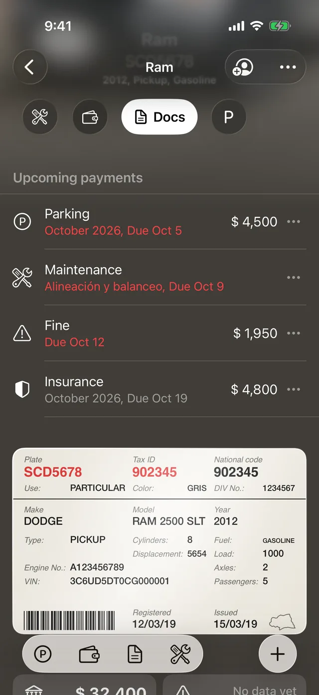 The registration card on the vehicle page