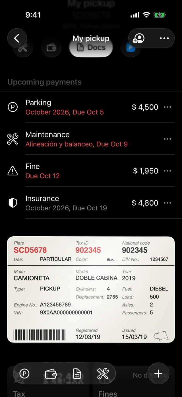 A vehicle's documents in GarageApp