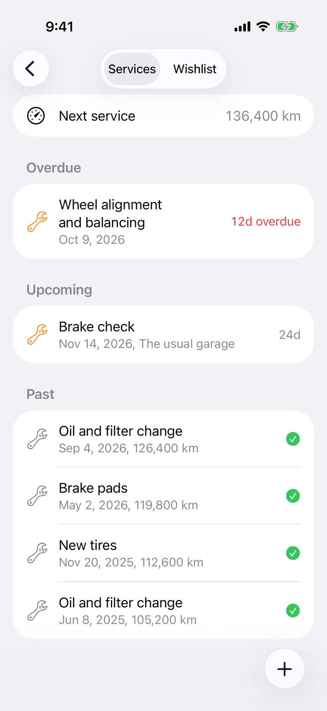 A vehicle’s services, with the next service by mileage