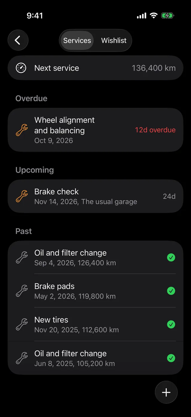 A vehicle’s services, with the next service by mileage