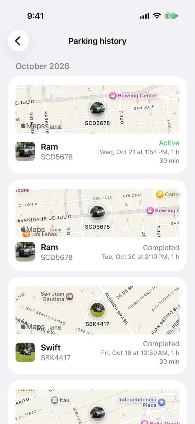 Parking history by month, each session with its map