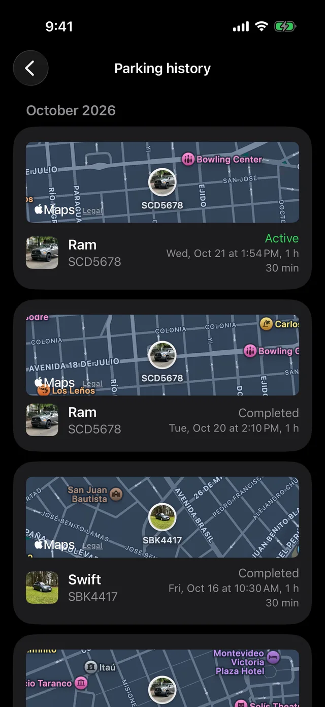 Parking history by month, each session with its map