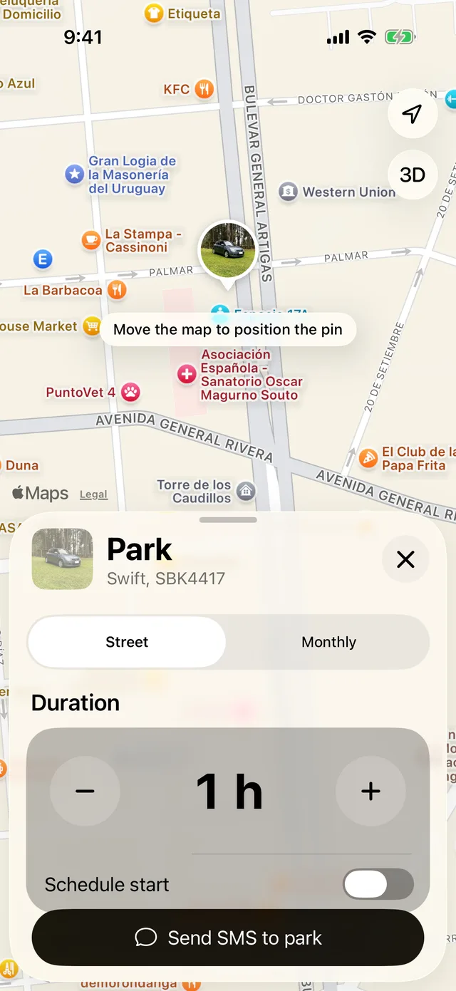 The form to park, with the duration and Schedule start