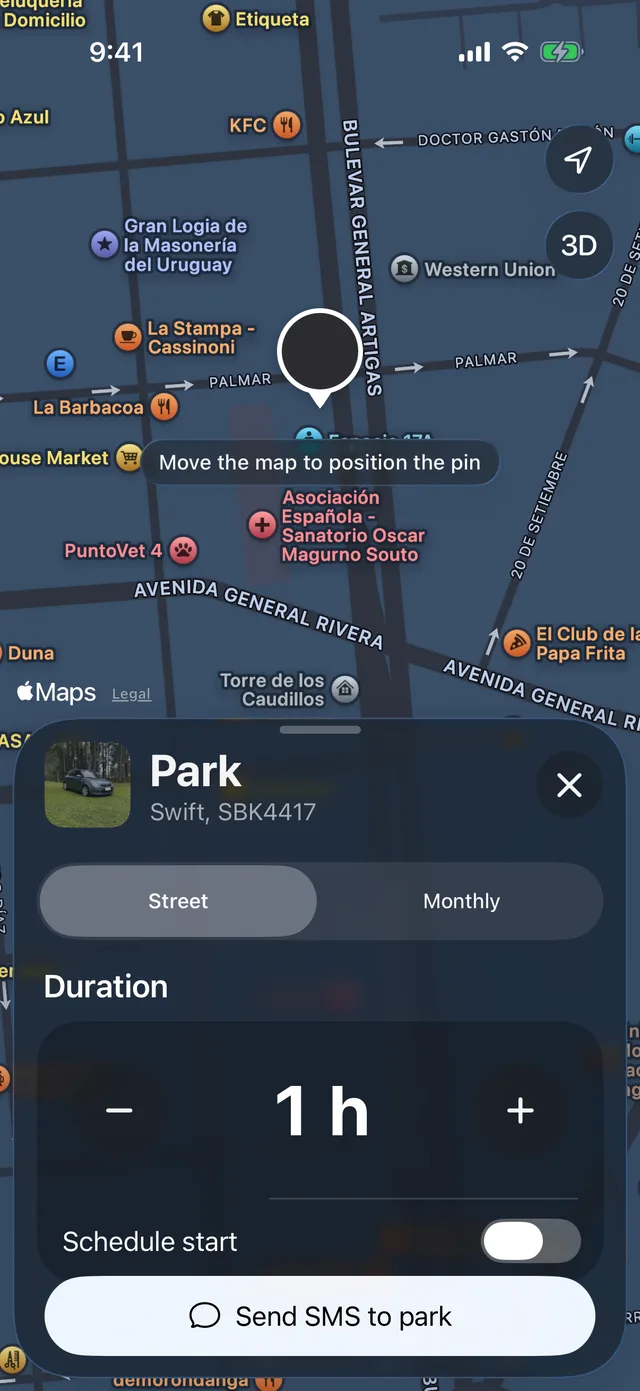 The form to park, with the duration and Schedule start