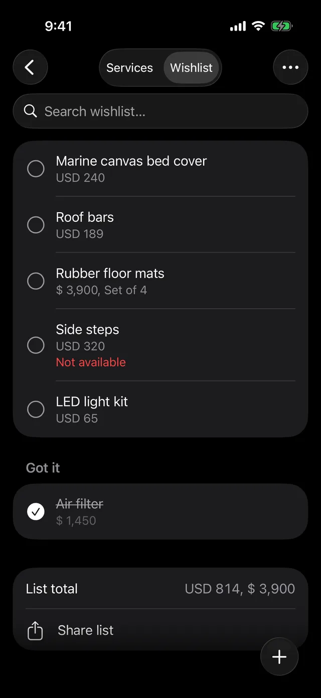 A vehicle’s wishlist with its total