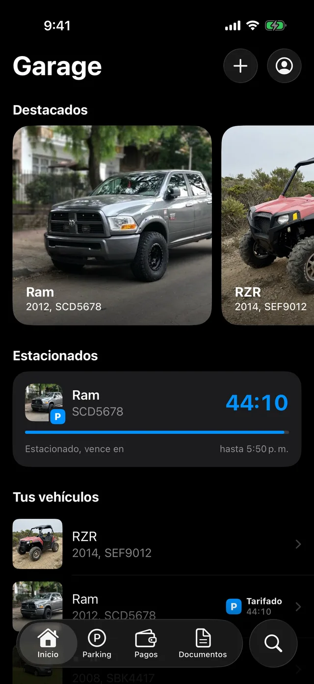 Los vehículos en la pantalla de inicio