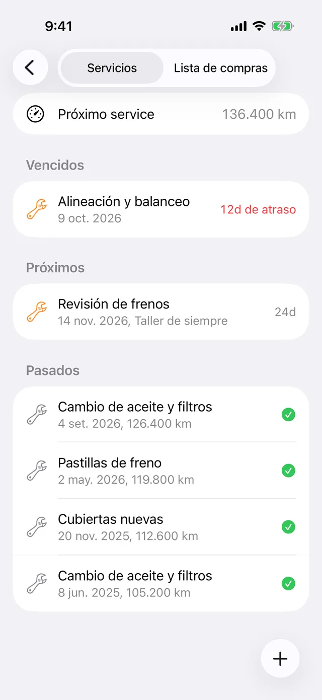 Los servicios de un vehículo, con el próximo service por kilómetros
