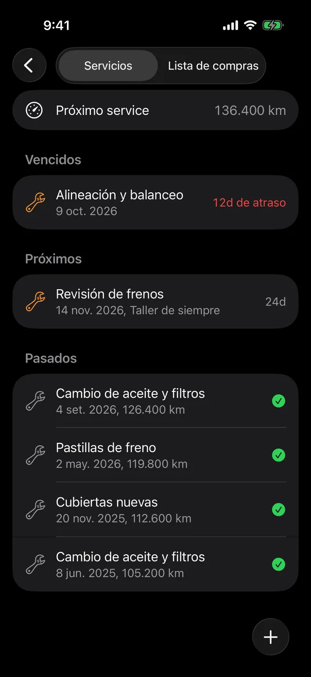 Los servicios de un vehículo, con el próximo service por kilómetros