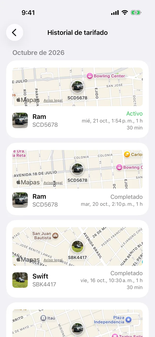El historial de tarifado, por mes, cada sesión con su mapa