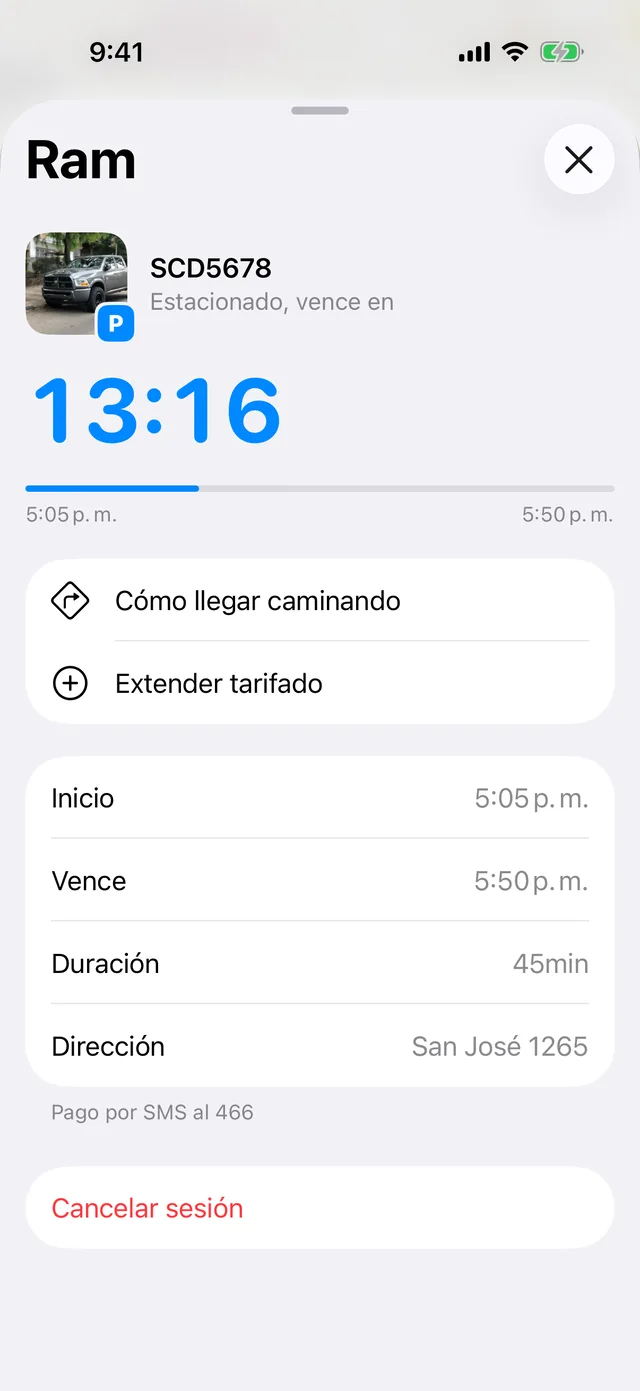 La sesión en curso, con Cómo llegar caminando y Extender tarifado