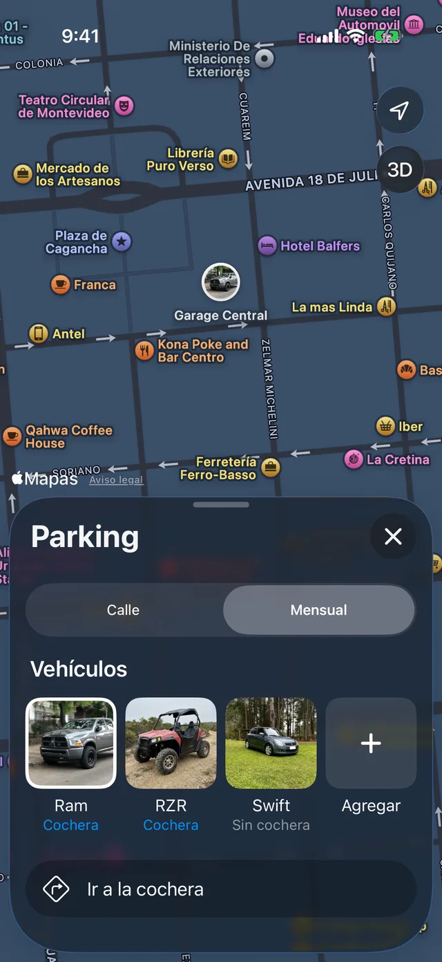 La cochera mensual de un vehículo en el mapa