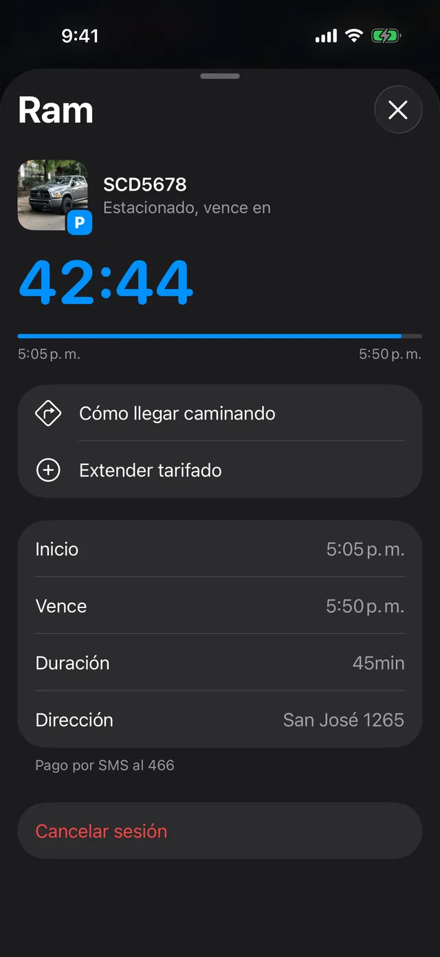 La sesión en curso, con Cómo llegar caminando y Extender tarifado