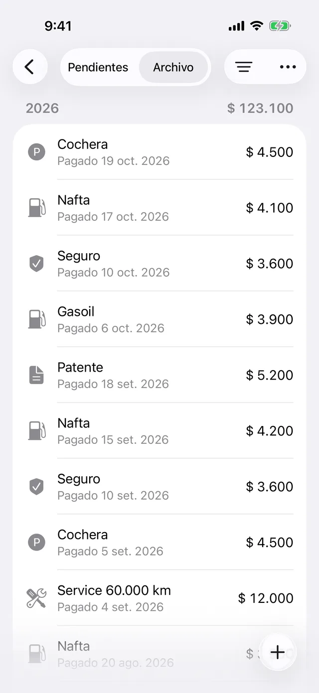 El archivo de pagos de un vehículo, por año