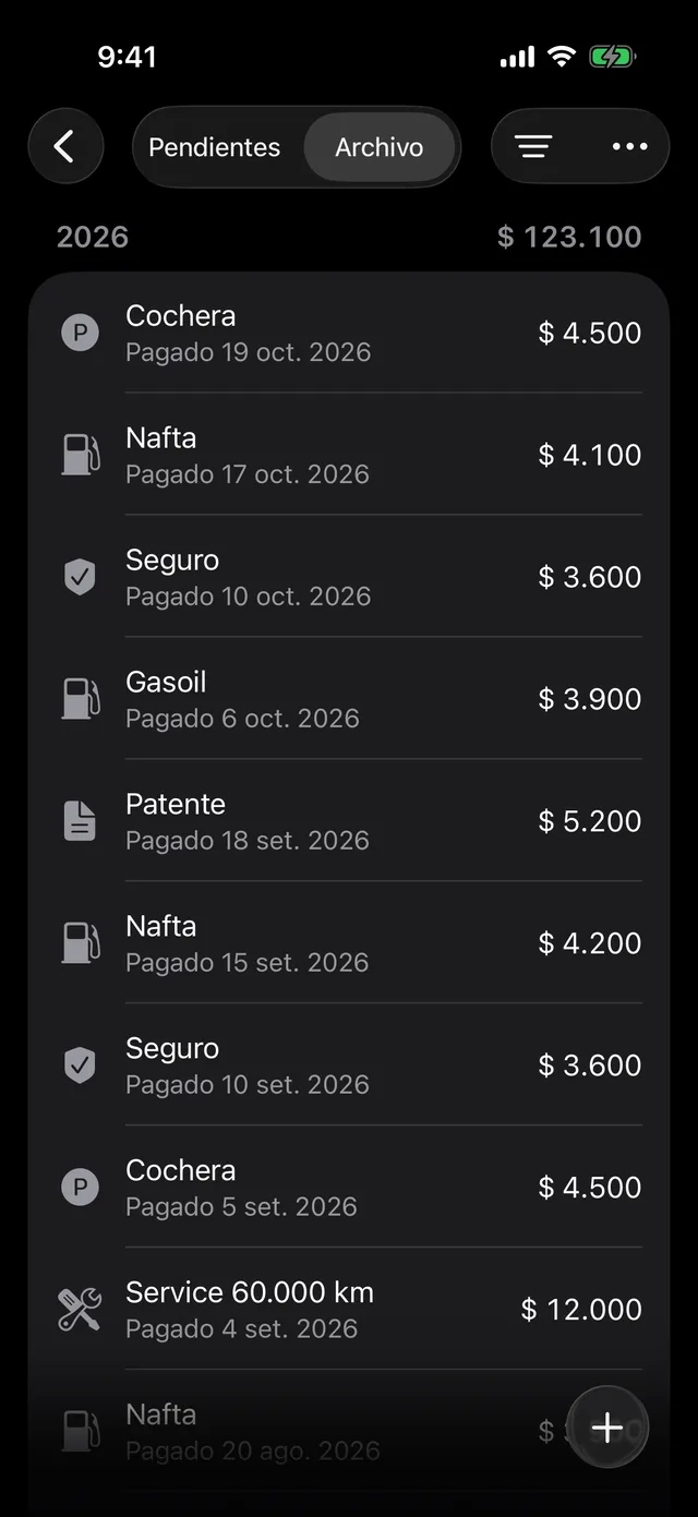 El archivo de pagos de un vehículo, por año