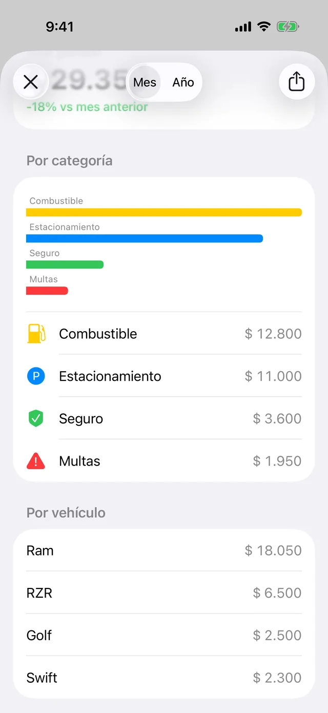 Los gastos del mes por categoría y por vehículo