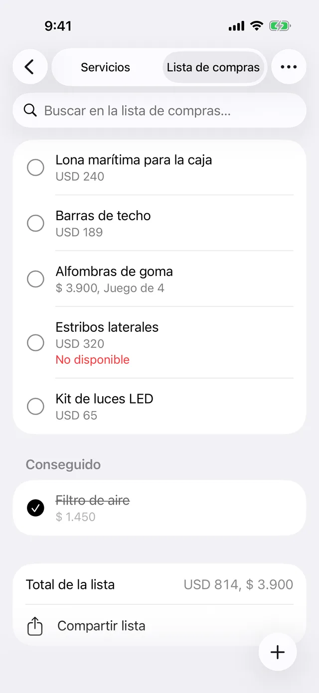 La lista de compras de un vehículo con su total