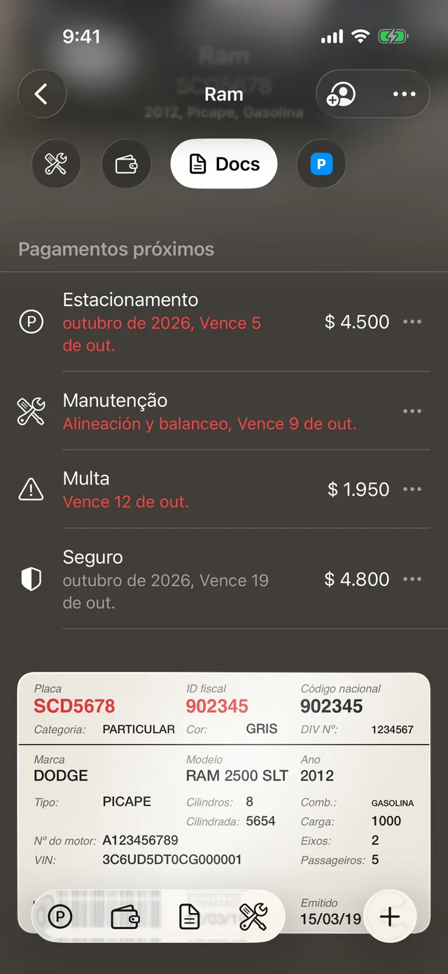 O documento do veículo na página do veículo