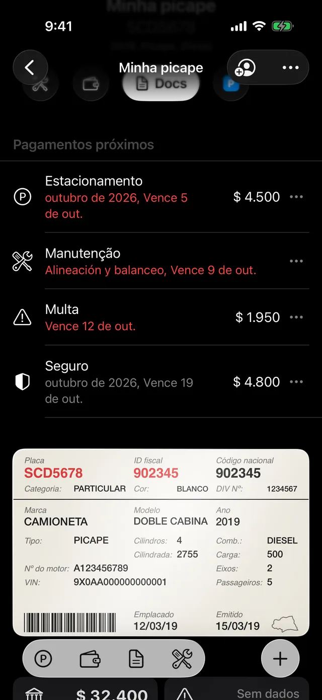 Os documentos de um veículo no GarageApp