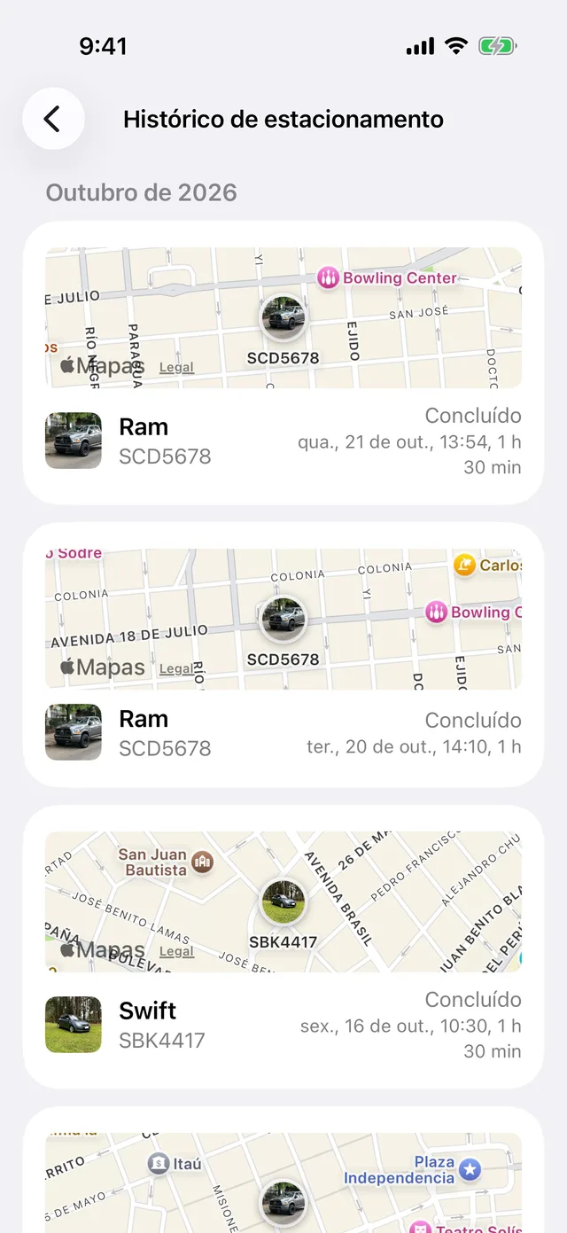O histórico de estacionamento por mês, cada sessão com seu mapa