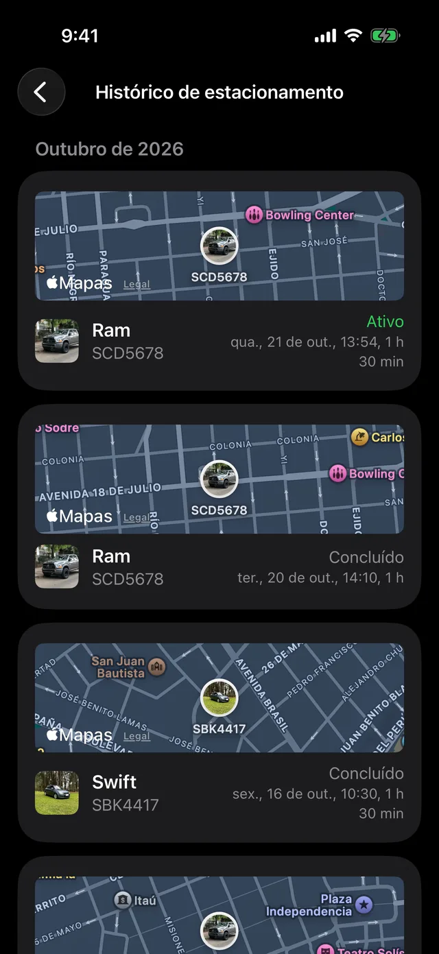O histórico de estacionamento por mês, cada sessão com seu mapa