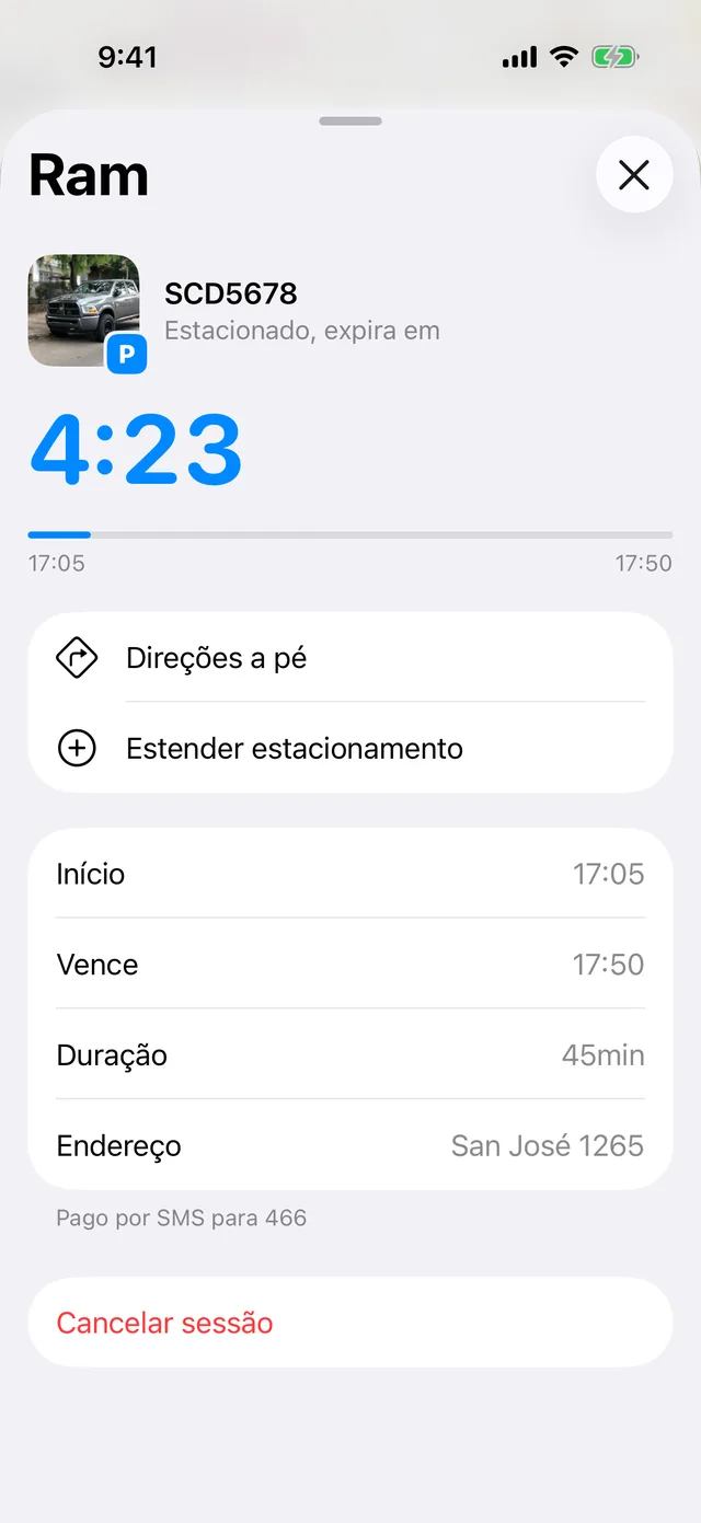 A sessão em andamento, com Direções a pé e Estender estacionamento
