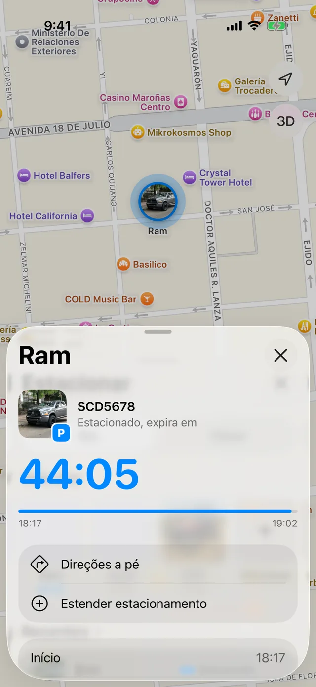 O mapa de Parking com os veículos