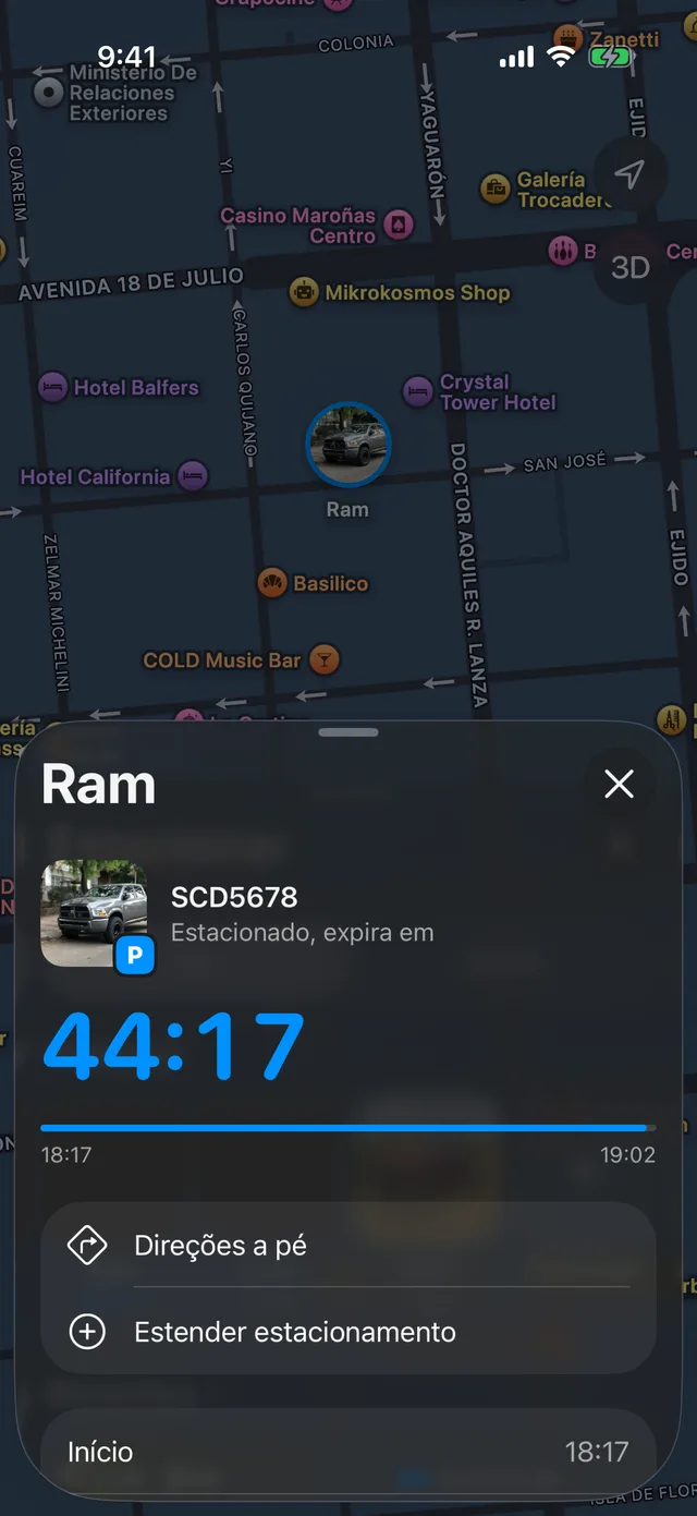 O mapa de Parking com os veículos