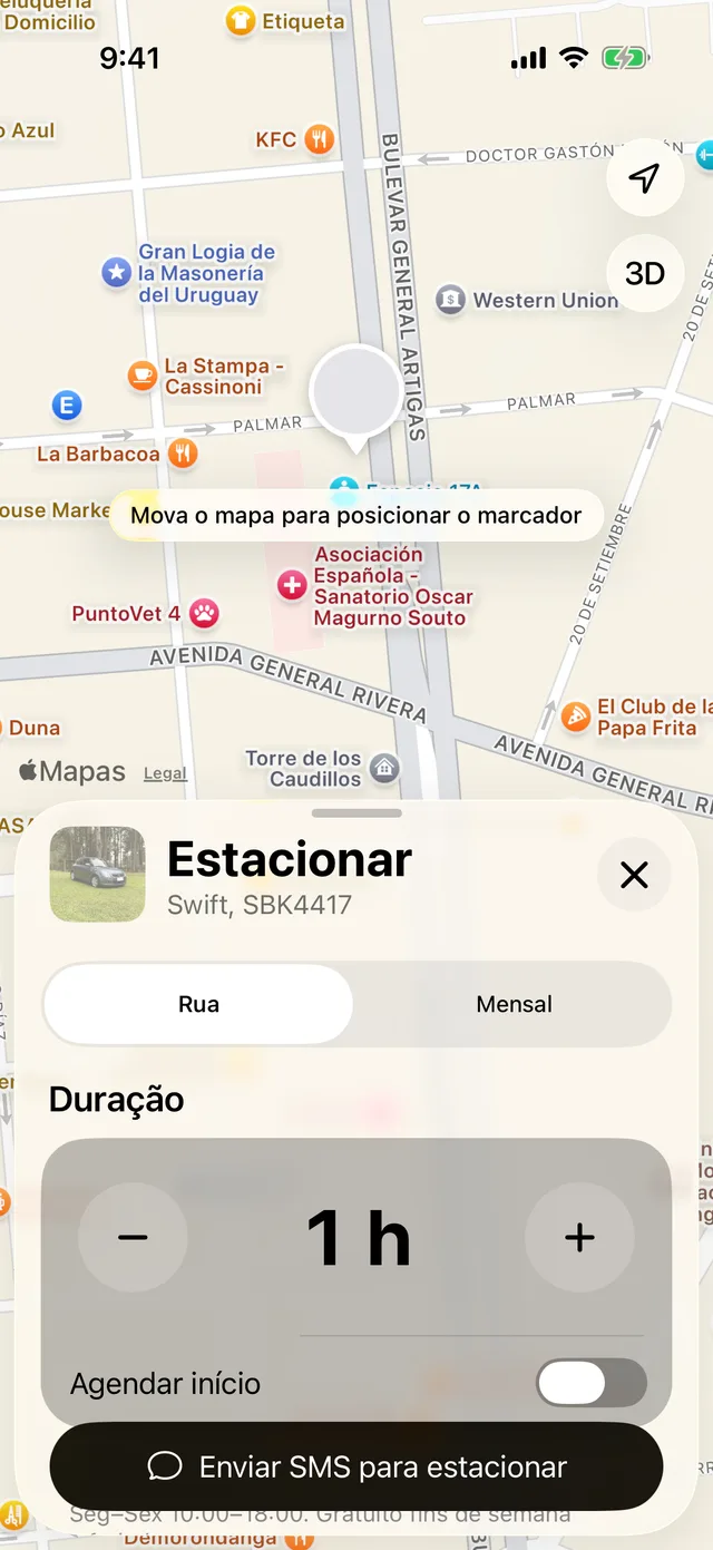 O formulário para estacionar, com a duração e Agendar início