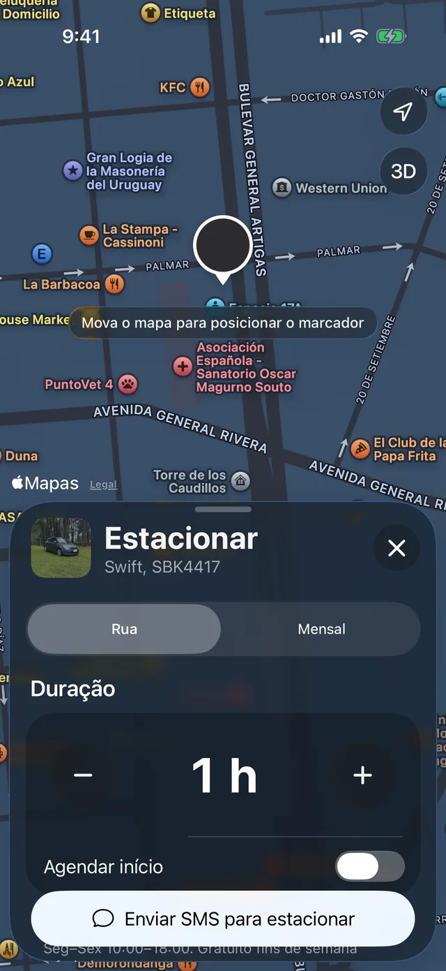 O formulário para estacionar, com a duração e Agendar início