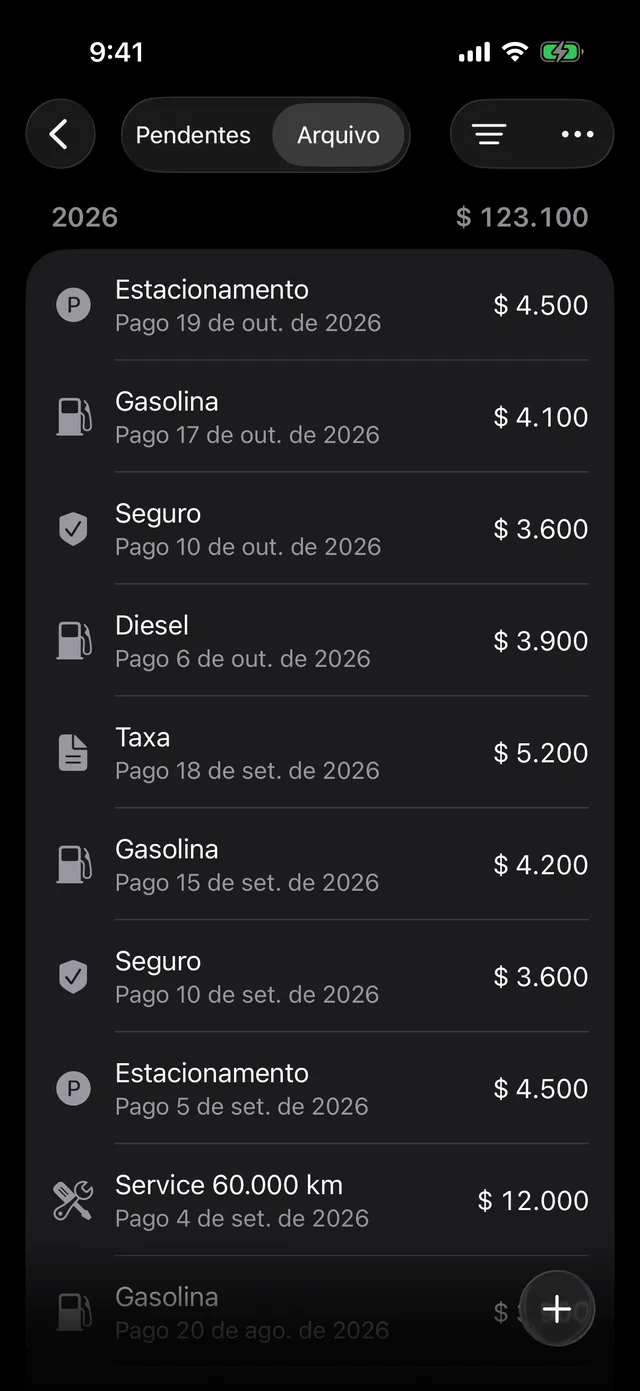 O arquivo de pagamentos de um veículo, por ano