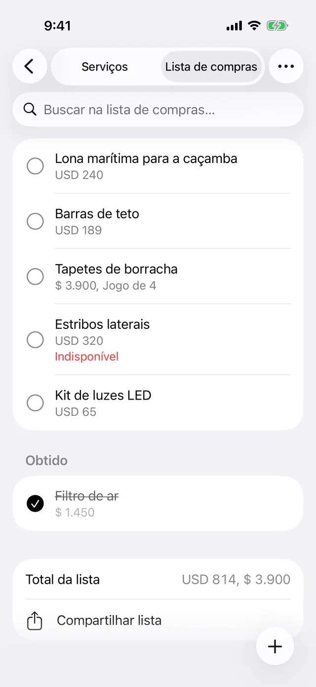 A lista de compras de um veículo com seu total