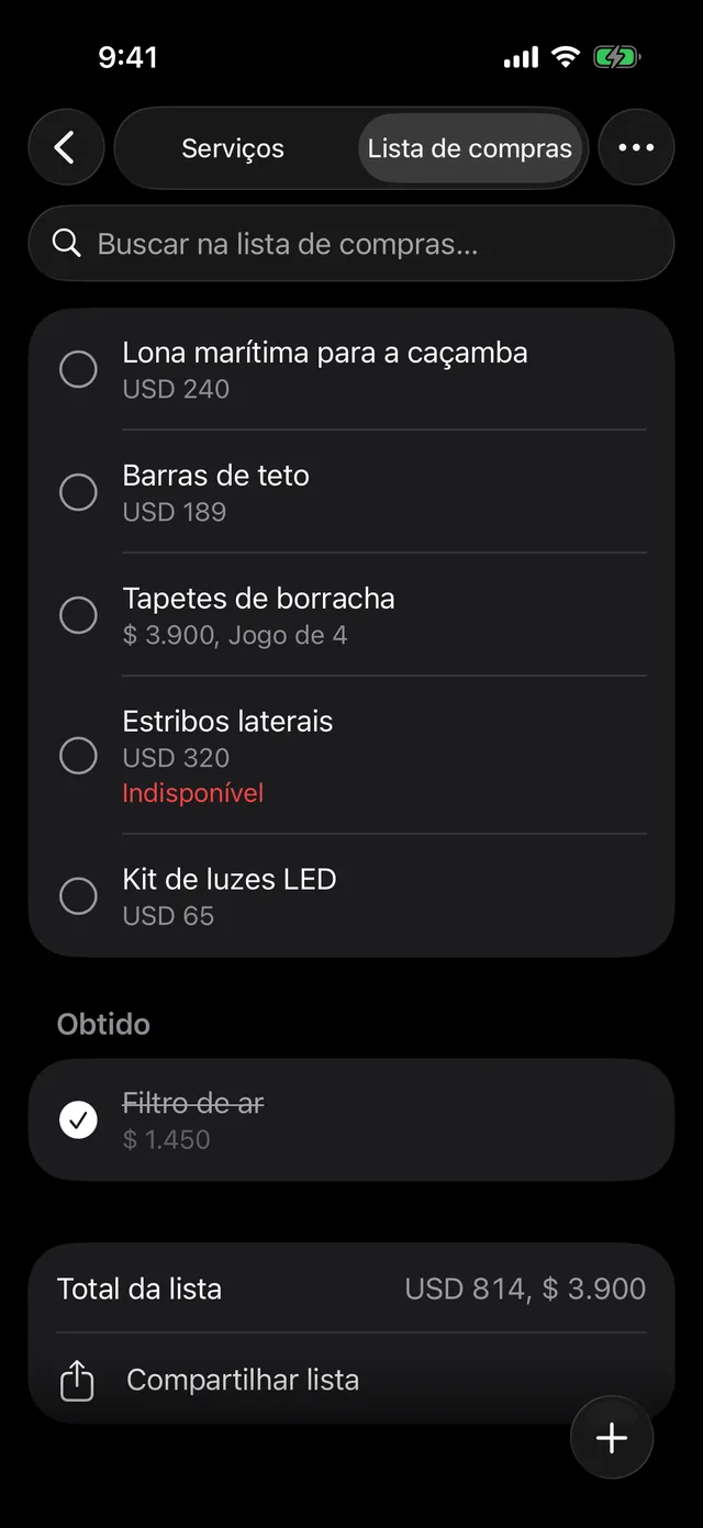 A lista de compras de um veículo com seu total